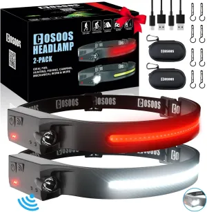 COSOOS Original 2 Rechargeable Headlamp Flashlight w/Red Light & Carry Case,1000 Lumen Bright LED Head Lamp Wide Beam, Motion Sensor, 2.4 oz Lightweight Headlight for Hiking & Camping Gear