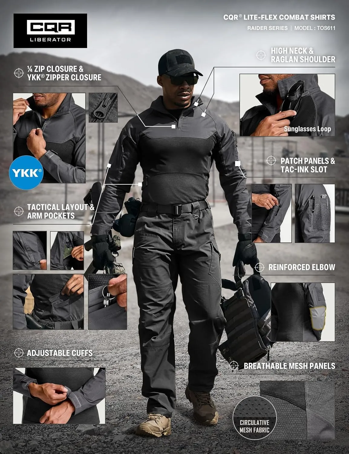 CQR Men's Combat Shirt Tactical 1/4 Zip Long Sleeve Military BDU Shirts Camo EDC Top with Pockets