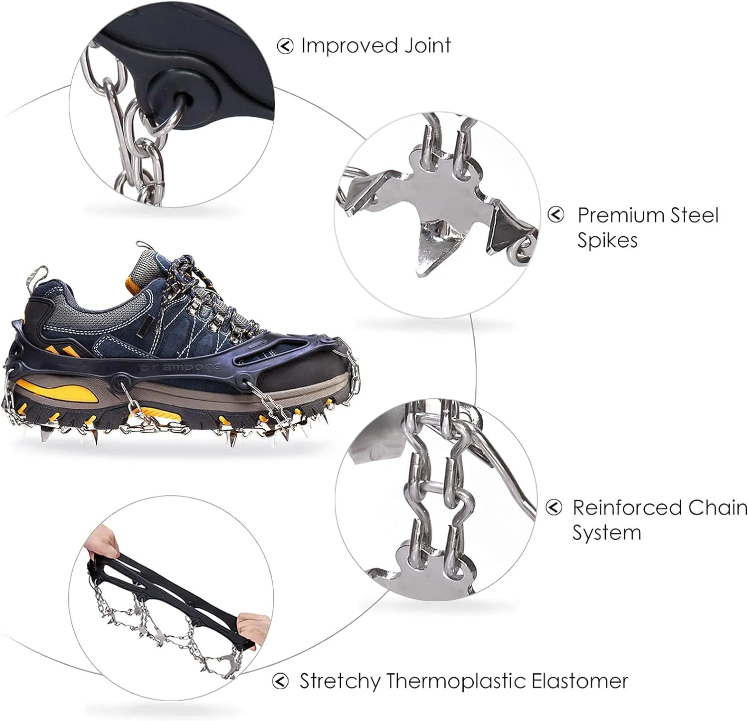 Crampons Ice Cleats Traction Snow Grips for Boots Shoes Women Men Anti Slip 19 Stainless Steel Spikes Safe Protect for Hiking Fishing Walking Climbing Mountaineering
