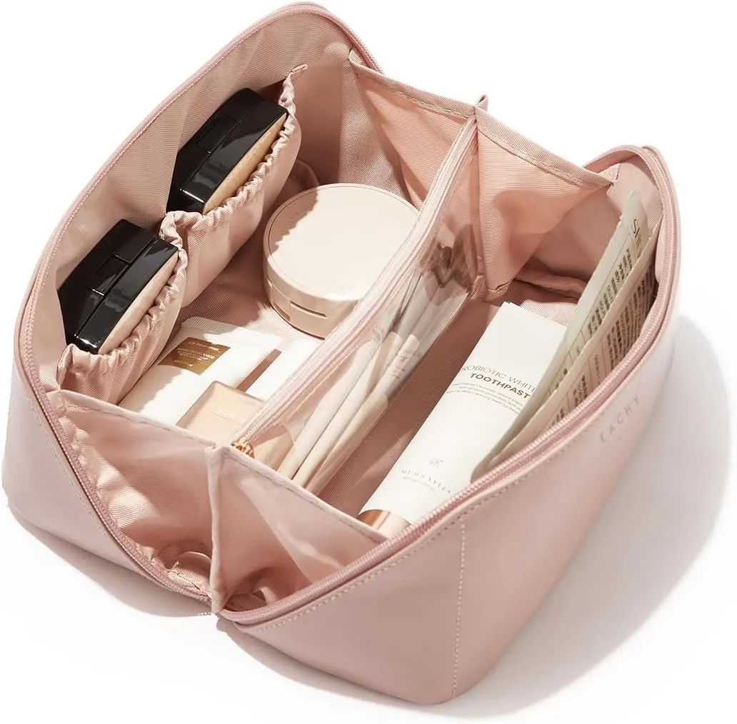 EACHY Travel Makeup Bag,Large Capacity Cosmetic Bags for Women,Waterproof Portable Pouch Open Flat Toiletry Bag Make up Organizer with Divider and Handle