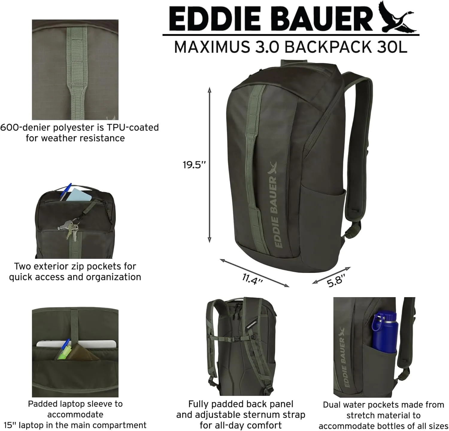 Eddie Bauer Maximus Backpack | Hiking | Outdoor Gear | Travel | Lightweight | Water-Resistant | Durable | Rugged, Spruce, 30L