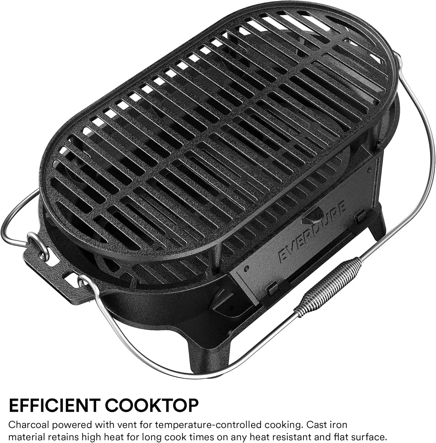 Everdure Oval Cast Iron Grill & Cover  Outdoor, Portable Charcoal Grill and Tabletop Cast Iron Skillet - 100% Cast Iron, Enameled, Durable, Small Charcoal Grill, Camping Stove, Hibachi Grill