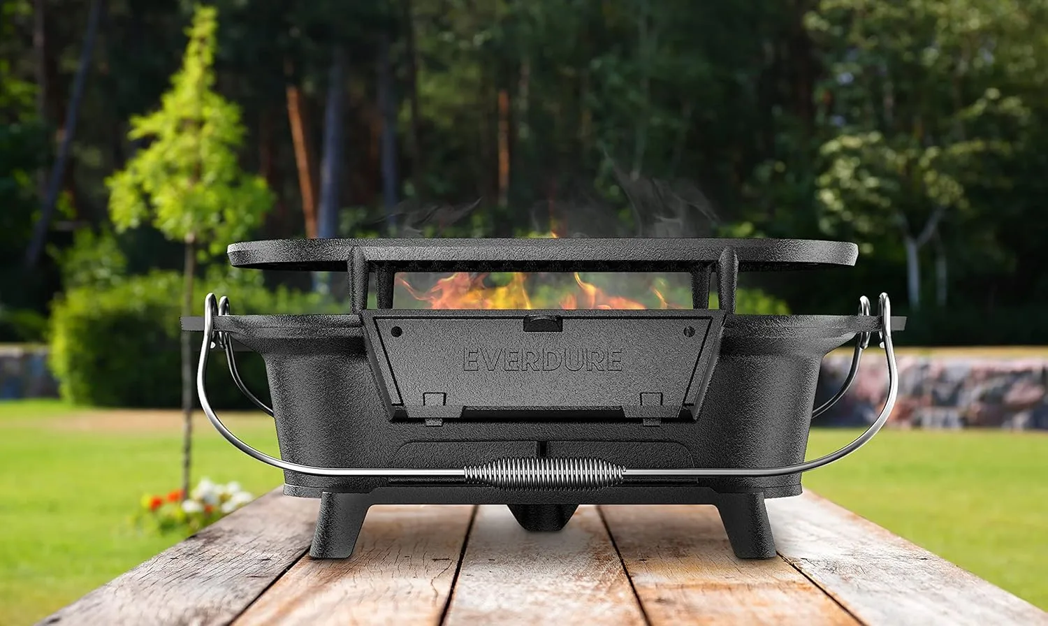 Everdure Oval Cast Iron Grill & Cover  Outdoor, Portable Charcoal Grill and Tabletop Cast Iron Skillet - 100% Cast Iron, Enameled, Durable, Small Charcoal Grill, Camping Stove, Hibachi Grill