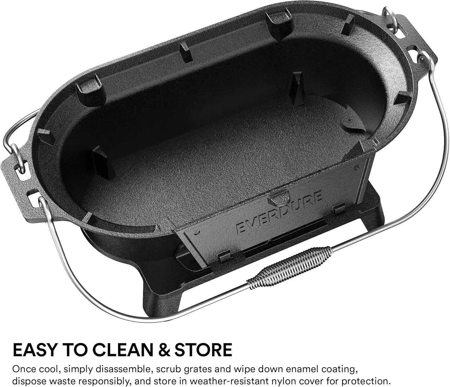 Everdure Oval Cast Iron Grill & Cover  Outdoor, Portable Charcoal Grill and Tabletop Cast Iron Skillet - 100% Cast Iron, Enameled, Durable, Small Charcoal Grill, Camping Stove, Hibachi Grill