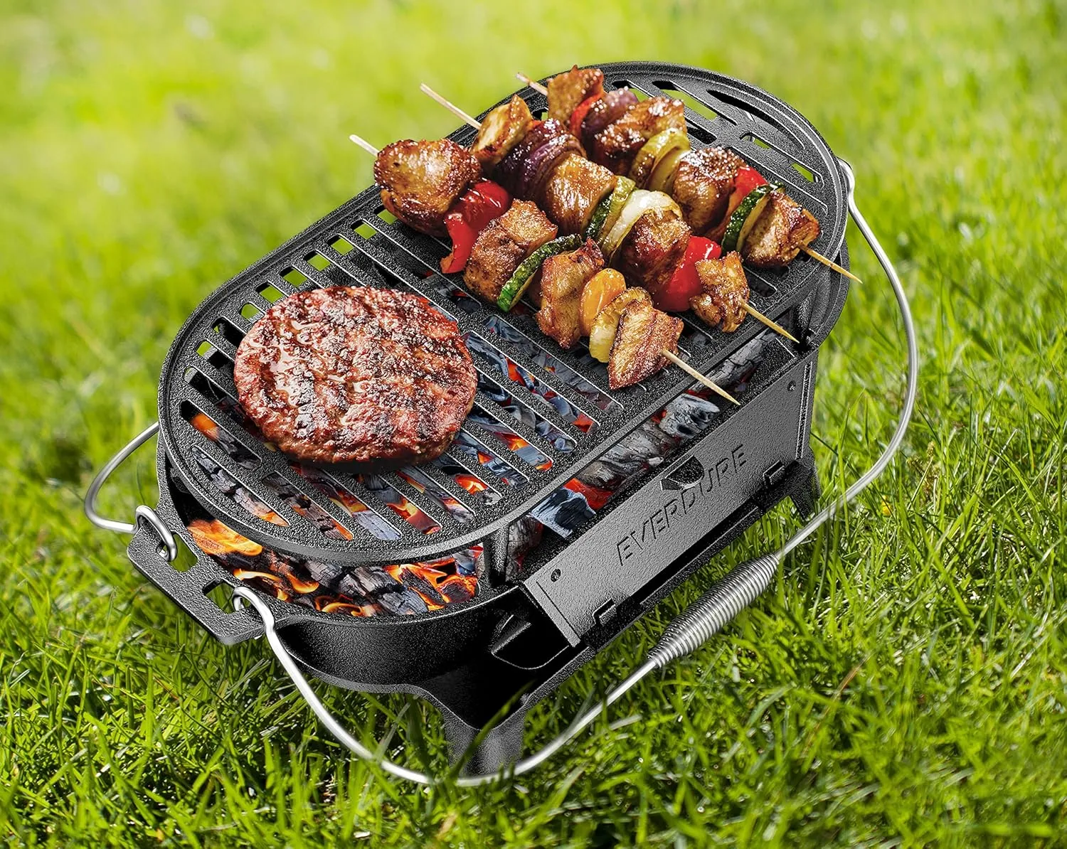 Everdure Oval Cast Iron Grill & Cover  Outdoor, Portable Charcoal Grill and Tabletop Cast Iron Skillet - 100% Cast Iron, Enameled, Durable, Small Charcoal Grill, Camping Stove, Hibachi Grill
