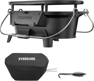 Everdure Oval Cast Iron Grill & Cover  Outdoor, Portable Charcoal Grill and Tabletop Cast Iron Skillet - 100% Cast Iron, Enameled, Durable, Small Charcoal Grill, Camping Stove, Hibachi Grill