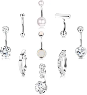 FIASASO 9 Pcs Gold Belly Button Ring - Surgical Stainless Steel CZ Opal Pearl Clicker Piercings for Women Navel Pack Silver/Gold