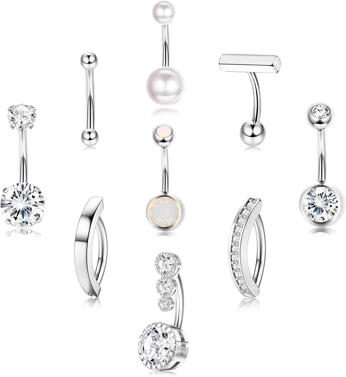 FIASASO 9 Pcs Gold Belly Button Ring - Surgical Stainless Steel CZ Opal Pearl Clicker Piercings for Women Navel Pack Silver/Gold