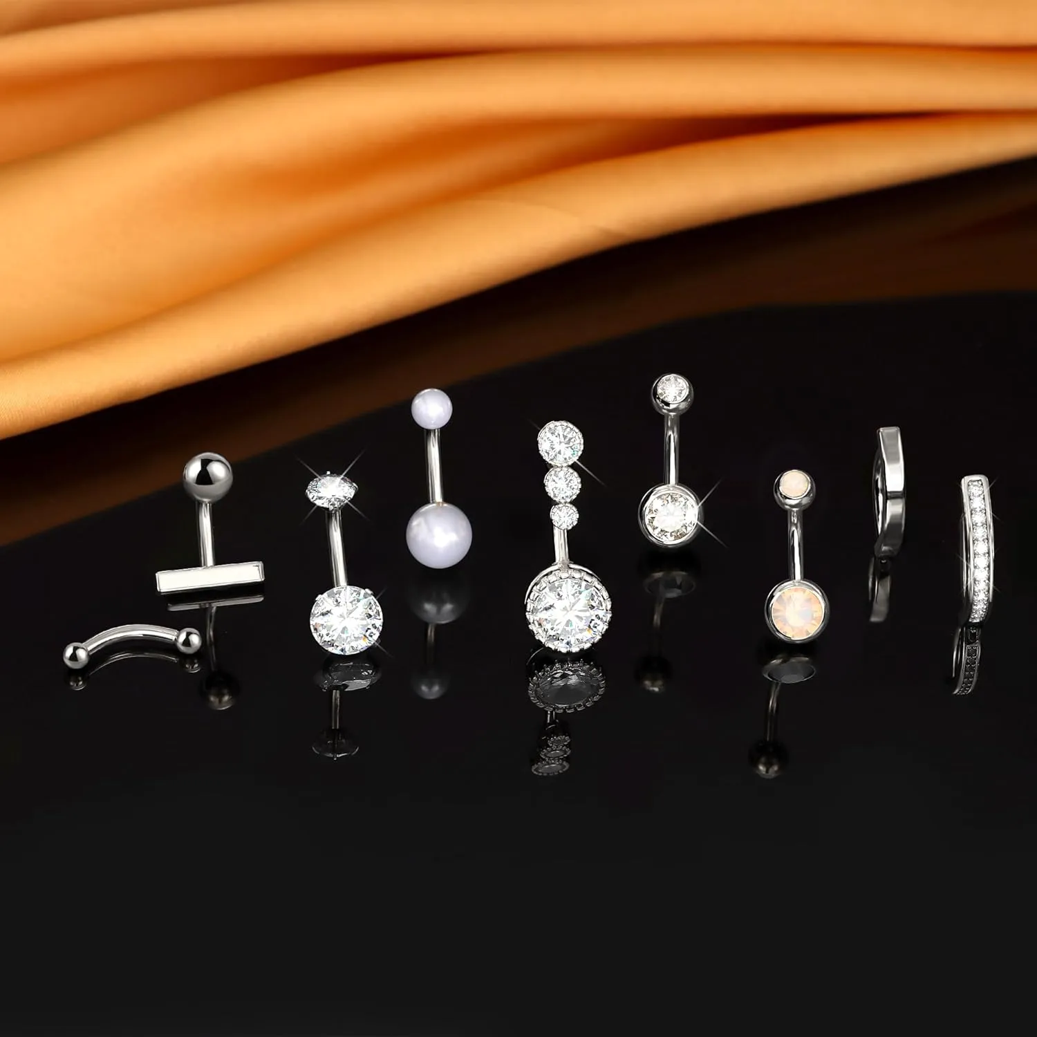 FIASASO 9 Pcs Gold Belly Button Ring - Surgical Stainless Steel CZ Opal Pearl Clicker Piercings for Women Navel Pack Silver/Gold