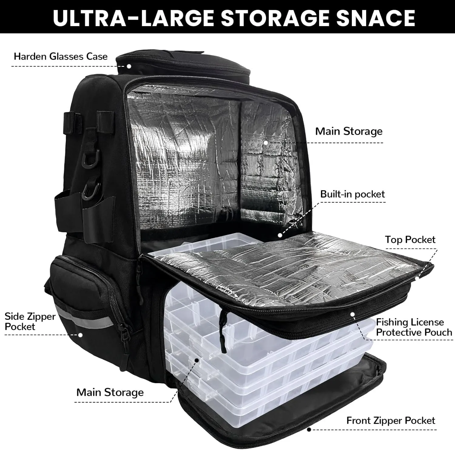 Fishing Tackle Backpack 58L Large Water-Resistant Fishing Tackle Bag with Rod Holders Internal insulation compartment Storage Bag Store Fishing Gear for Fishing Hiking Travel and Hunting