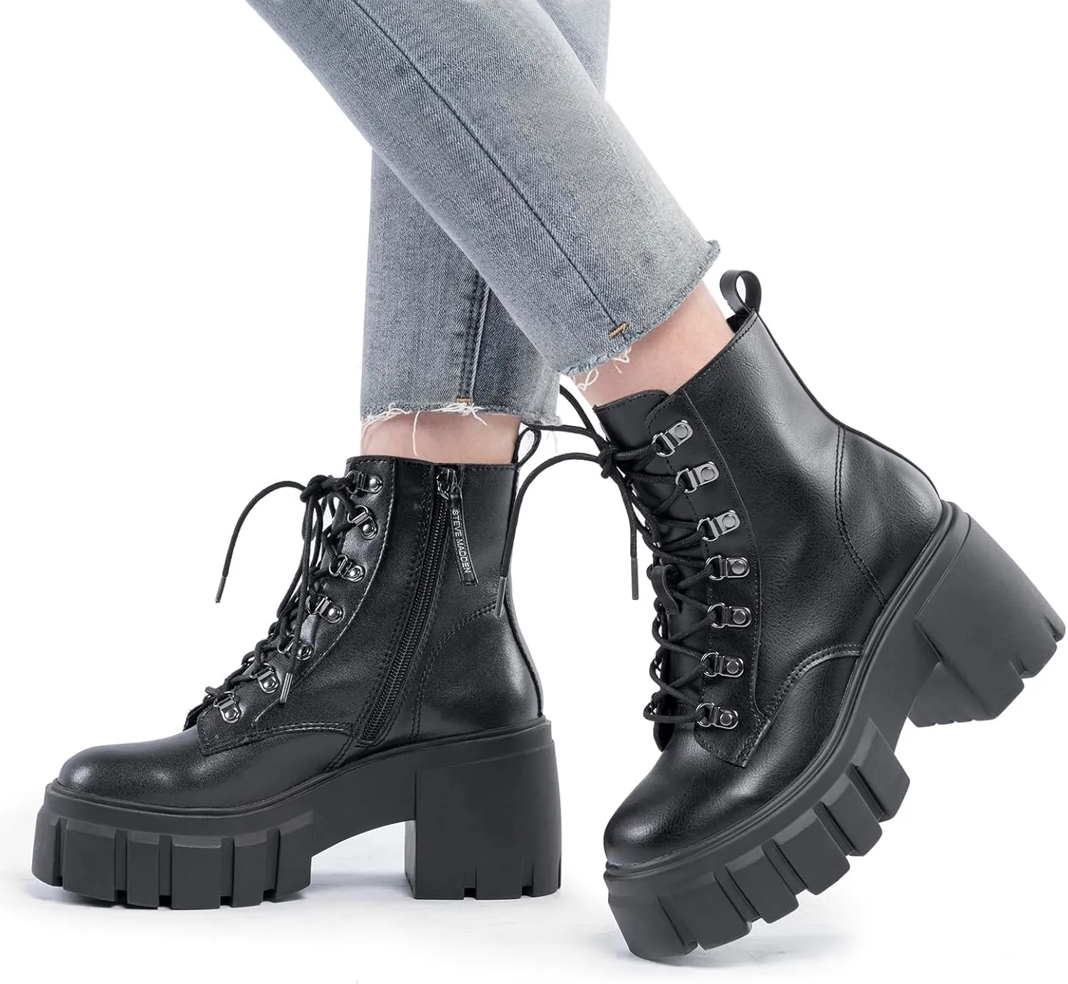 FITORY Womens Combat Boots Lightweight Lace up Side Zipper Ankle Botas High Heel Chunky Platform Lug Sole Booties Size 6-11