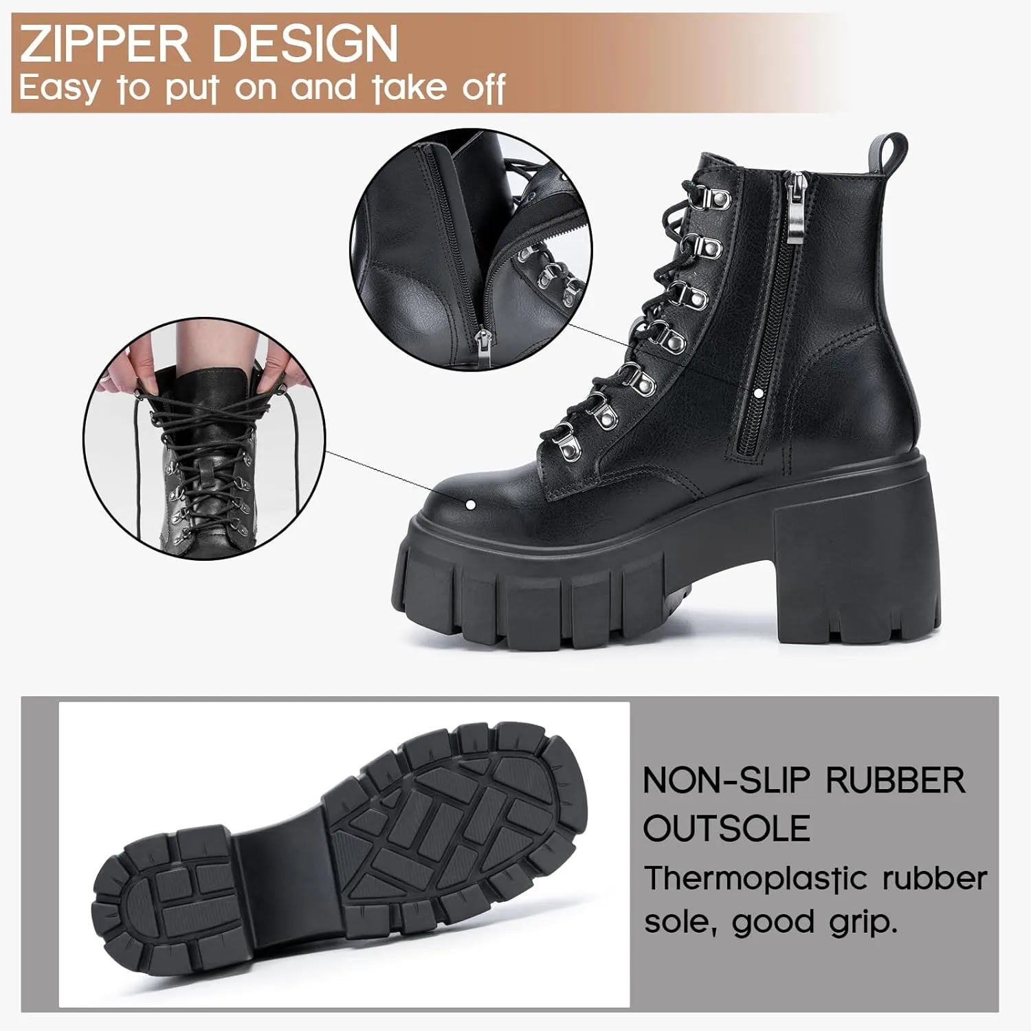 FITORY Womens Combat Boots Lightweight Lace up Side Zipper Ankle Botas High Heel Chunky Platform Lug Sole Booties Size 6-11