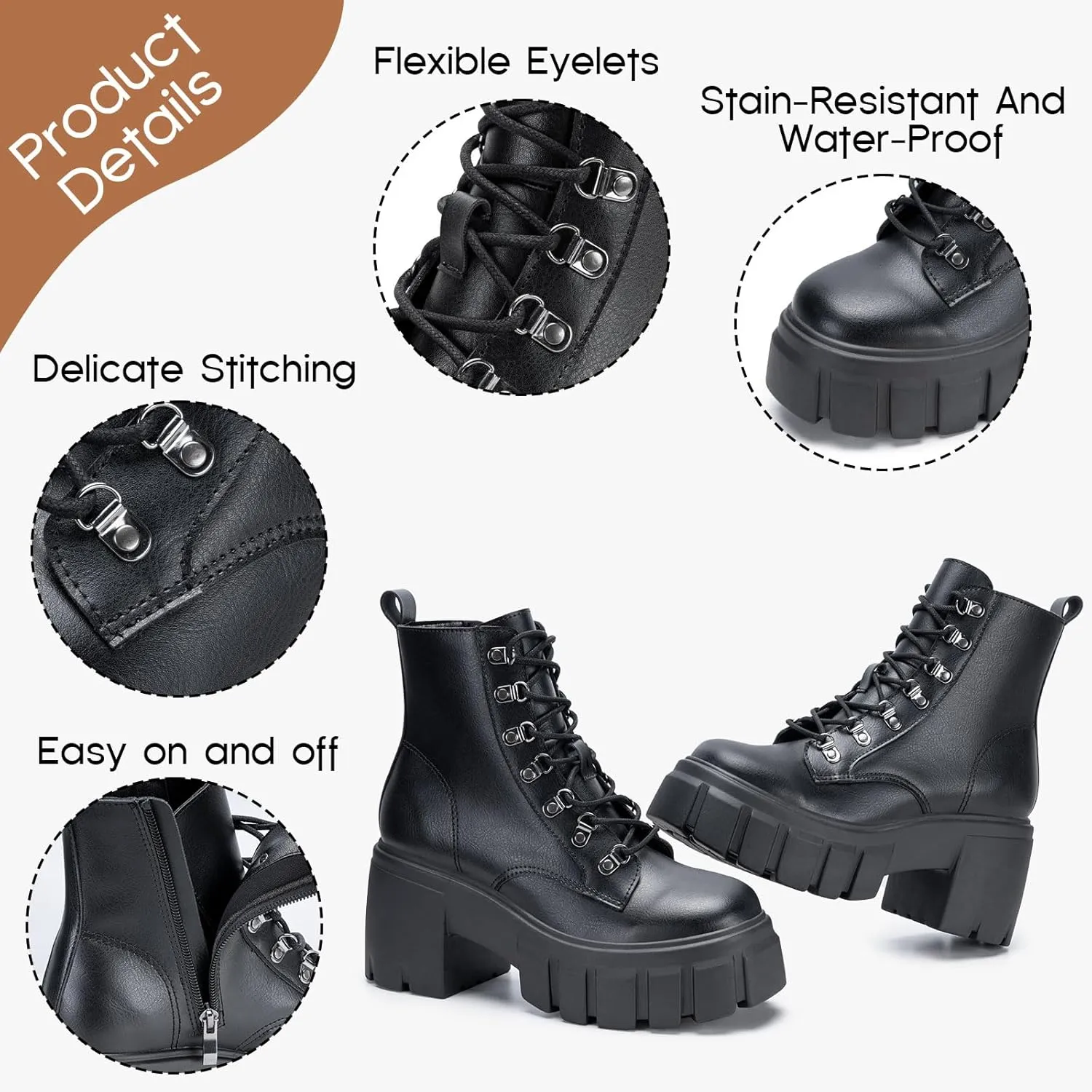 FITORY Womens Combat Boots Lightweight Lace up Side Zipper Ankle Botas High Heel Chunky Platform Lug Sole Booties Size 6-11
