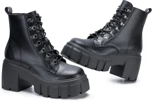 FITORY Womens Combat Boots Lightweight Lace up Side Zipper Ankle Botas High Heel Chunky Platform Lug Sole Booties Size 6-11