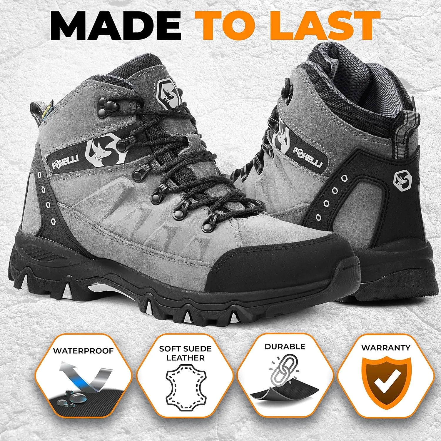 Foxelli Mens Hiking Boots  Waterproof Breathable & Lightweight Suede Leather Hiking Boots for Men