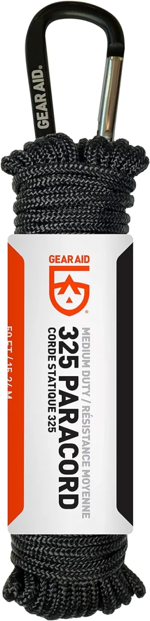 GEAR AID 325 Paracord and Carabiner, Utility Cord for Camping and Hiking, , Black, 50 ft