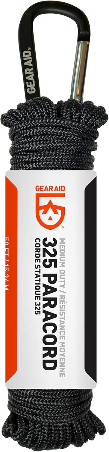 GEAR AID 325 Paracord and Carabiner, Utility Cord for Camping and Hiking, , Black, 50 ft