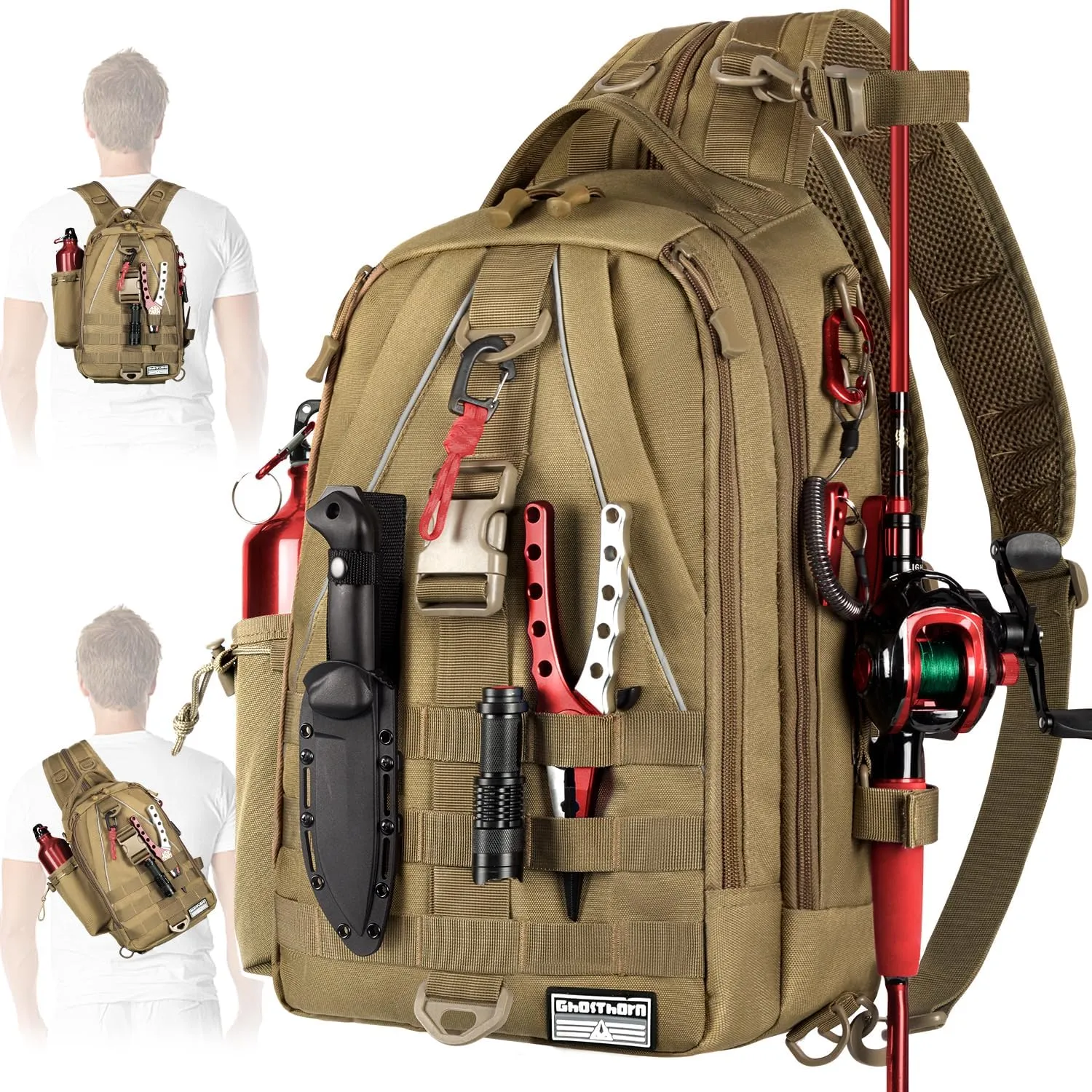 Ghosthorn Fishing Backpack with Rod Holder - Tackle Sling Bag - Fly Fishing Gifts for Men and Women