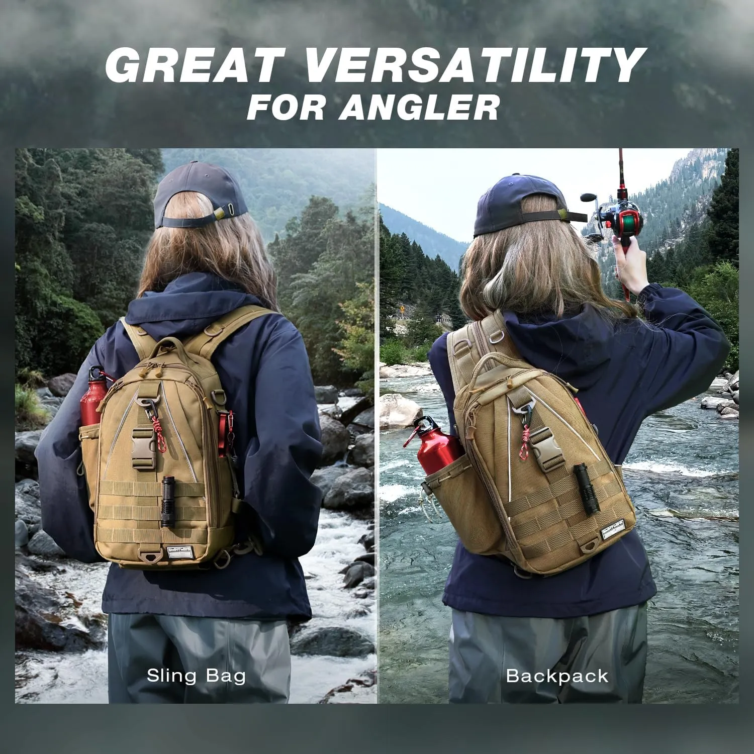 Ghosthorn Fishing Backpack with Rod Holder - Tackle Sling Bag - Fly Fishing Gifts for Men and Women