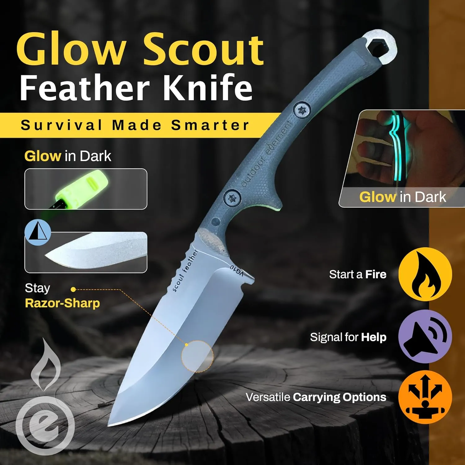 GLOW Scout Feather - Adventure Survival Knife - Full Tang, Ceramic Honing V Notch on included Sheath, Hex Driver in Handle, 115dB Emergency Whistle, Replacable Ferro Rod