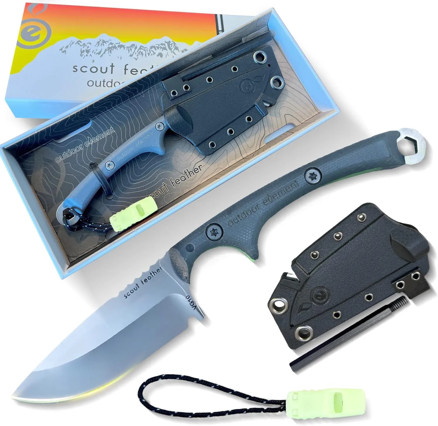 GLOW Scout Feather - Adventure Survival Knife - Full Tang, Ceramic Honing V Notch on included Sheath, Hex Driver in Handle, 115dB Emergency Whistle, Replacable Ferro Rod