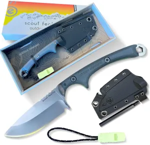GLOW Scout Feather - Adventure Survival Knife - Full Tang, Ceramic Honing V Notch on included Sheath, Hex Driver in Handle, 115dB Emergency Whistle, Replacable Ferro Rod