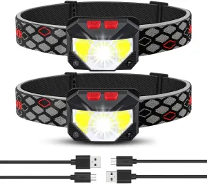 Headlamp Rechargeable 2 Pack, Bright LED Head Lamp Outdoor 1100 Lumen Headlight with White Red Light, Motion Sensor Waterproof 8 Modes Headlamps Flashlights for Running Cycling Fishing