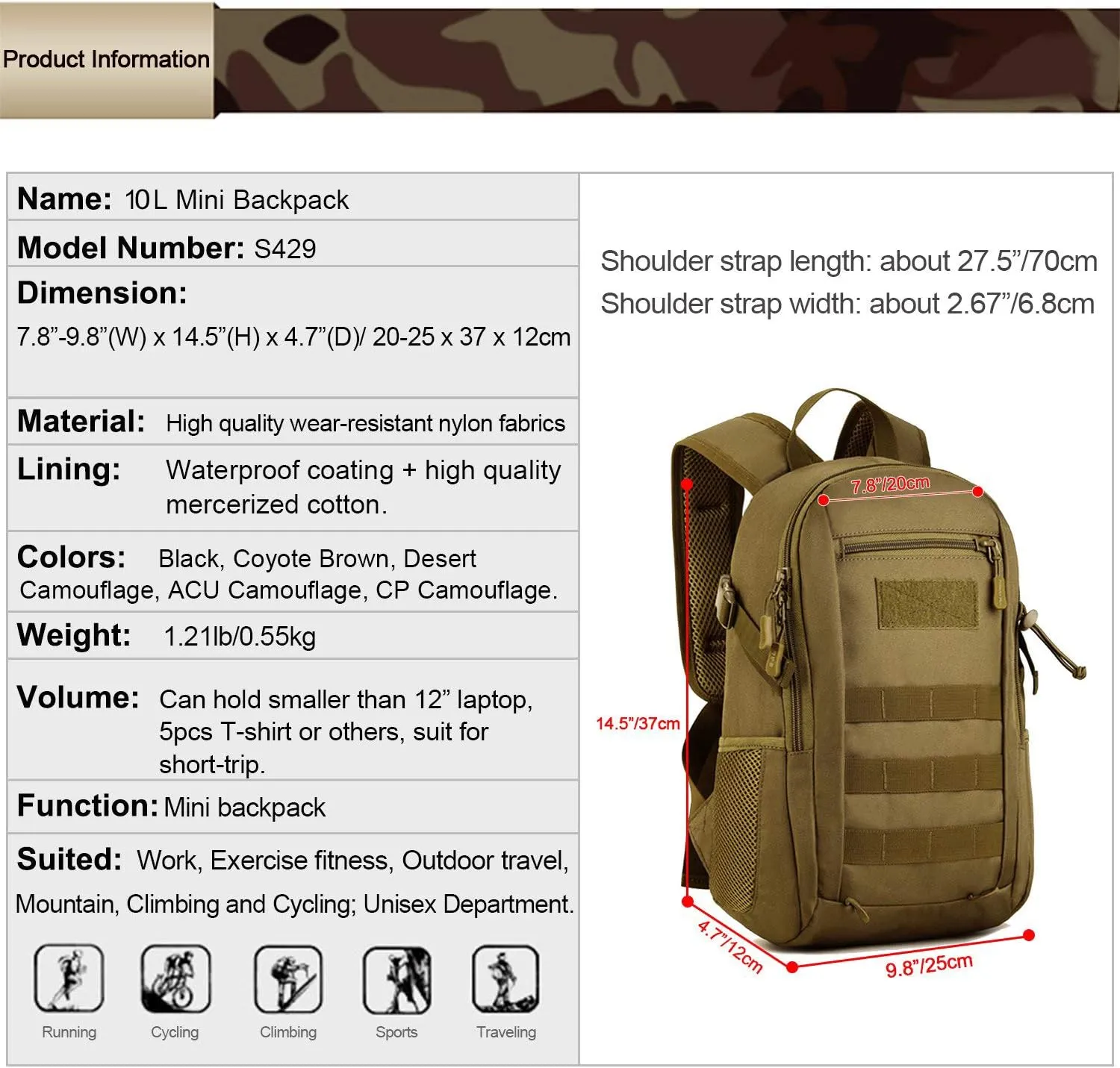 HUNTVP 10L/20L Mini Daypack Military MOLLE Backpack Rucksack Gear Tactical Assault Pack Bag for Hunting Camping Trekking