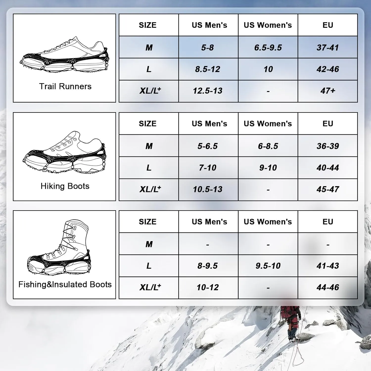 Ice Cleats Traction Snow Grips - 19 Stainless Steel Spikes Crampons for Hiking, Fishing, Walking, Climbing