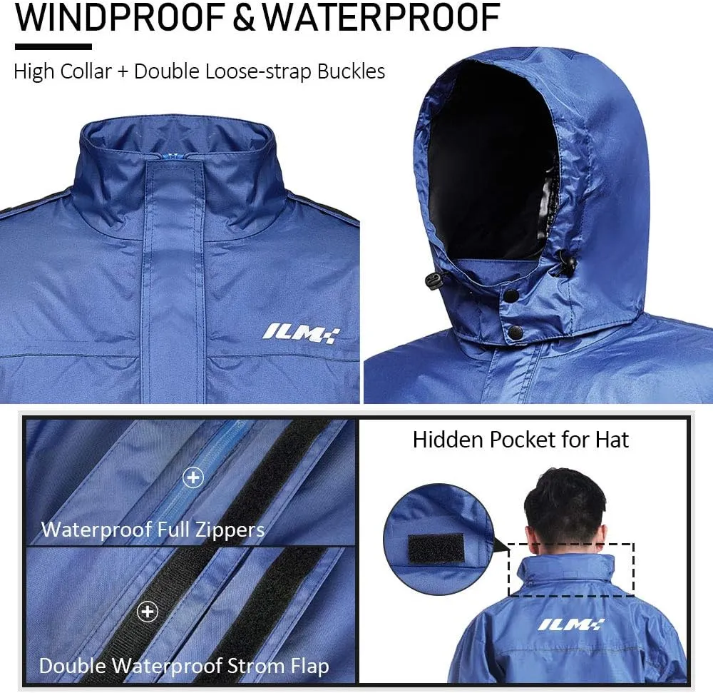 ILM Motorcycle Rain Suit for Men Waterproof Resistant Raincoat 6 Pockets 2 Pieces Packable Rainwear Jacket and Pants Model RS02