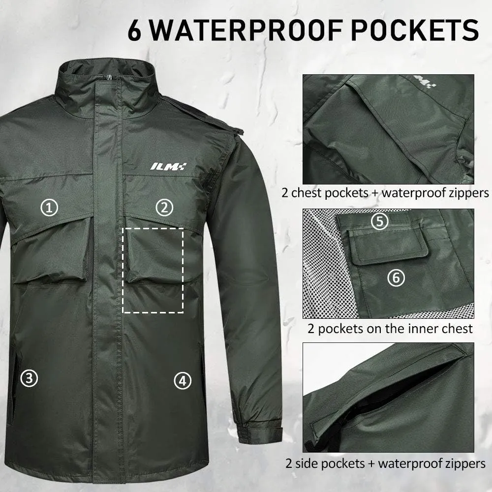 ILM Motorcycle Rain Suit for Men Waterproof Resistant Raincoat 6 Pockets 2 Pieces Packable Rainwear Jacket and Pants Model RS02