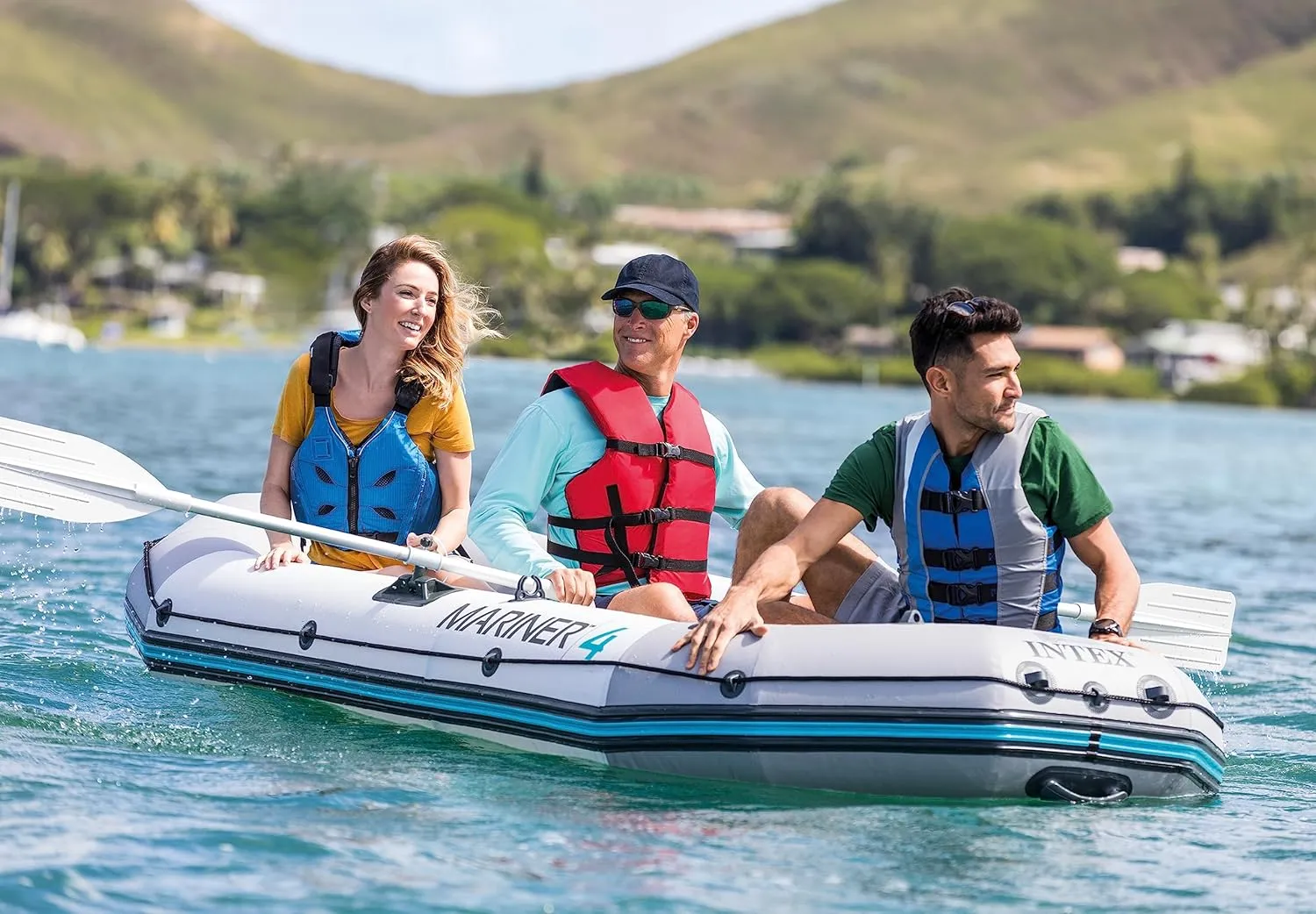 INTEX 68373EP Mariner 3 Inflatable Boat Set: Includes Deluxe 54in Boat Oars and High-Output Pump  Wear-Resistant Keel  Removable Fishing Rod Holders  3-Person  880lb Weight Capacity