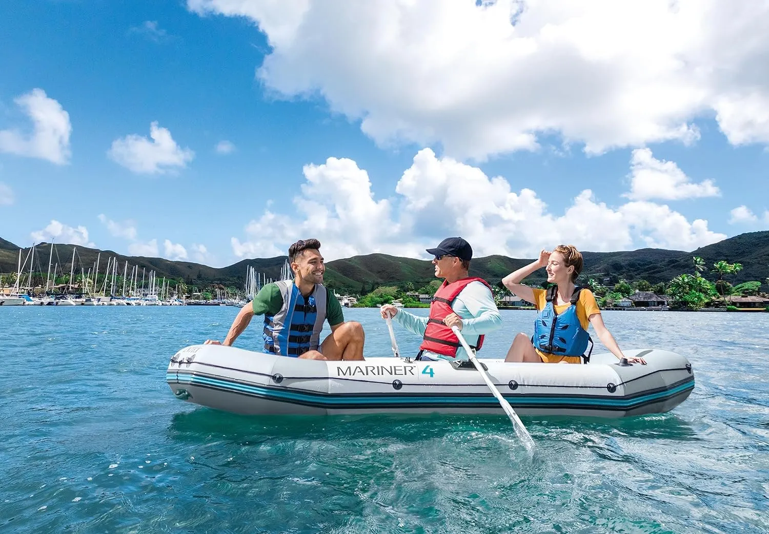 INTEX 68373EP Mariner 3 Inflatable Boat Set: Includes Deluxe 54in Boat Oars and High-Output Pump  Wear-Resistant Keel  Removable Fishing Rod Holders  3-Person  880lb Weight Capacity