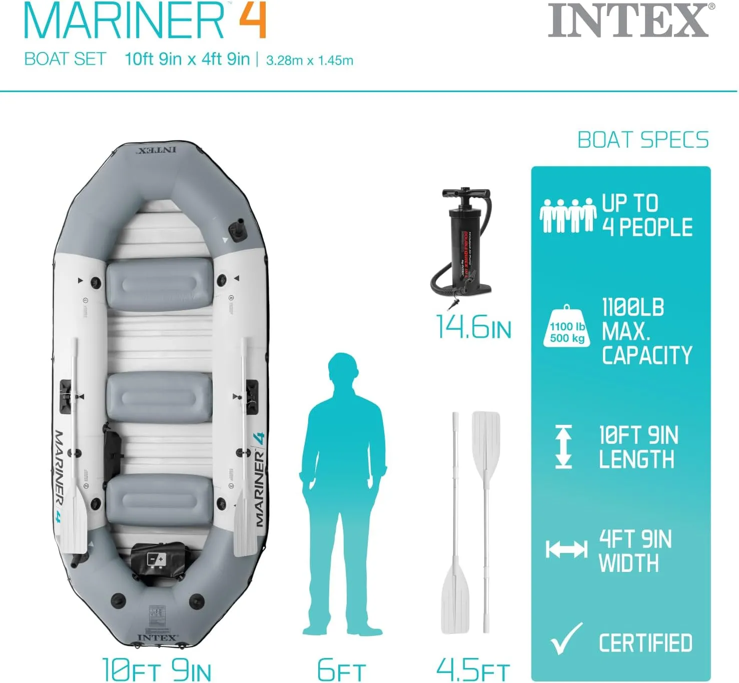 INTEX 68373EP Mariner 3 Inflatable Boat Set: Includes Deluxe 54in Boat Oars and High-Output Pump  Wear-Resistant Keel  Removable Fishing Rod Holders  3-Person  880lb Weight Capacity