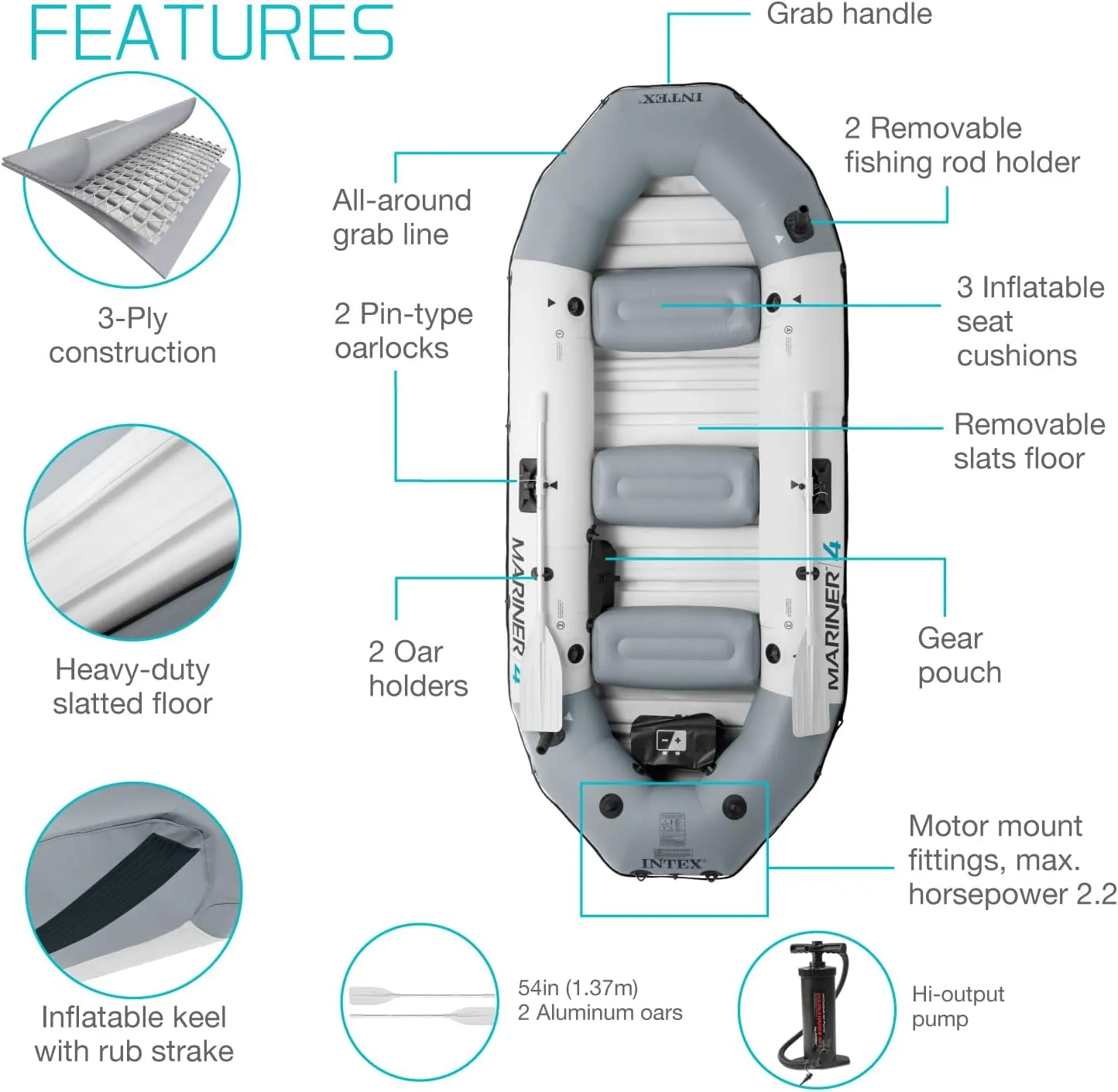 INTEX 68373EP Mariner 3 Inflatable Boat Set: Includes Deluxe 54in Boat Oars and High-Output Pump  Wear-Resistant Keel  Removable Fishing Rod Holders  3-Person  880lb Weight Capacity