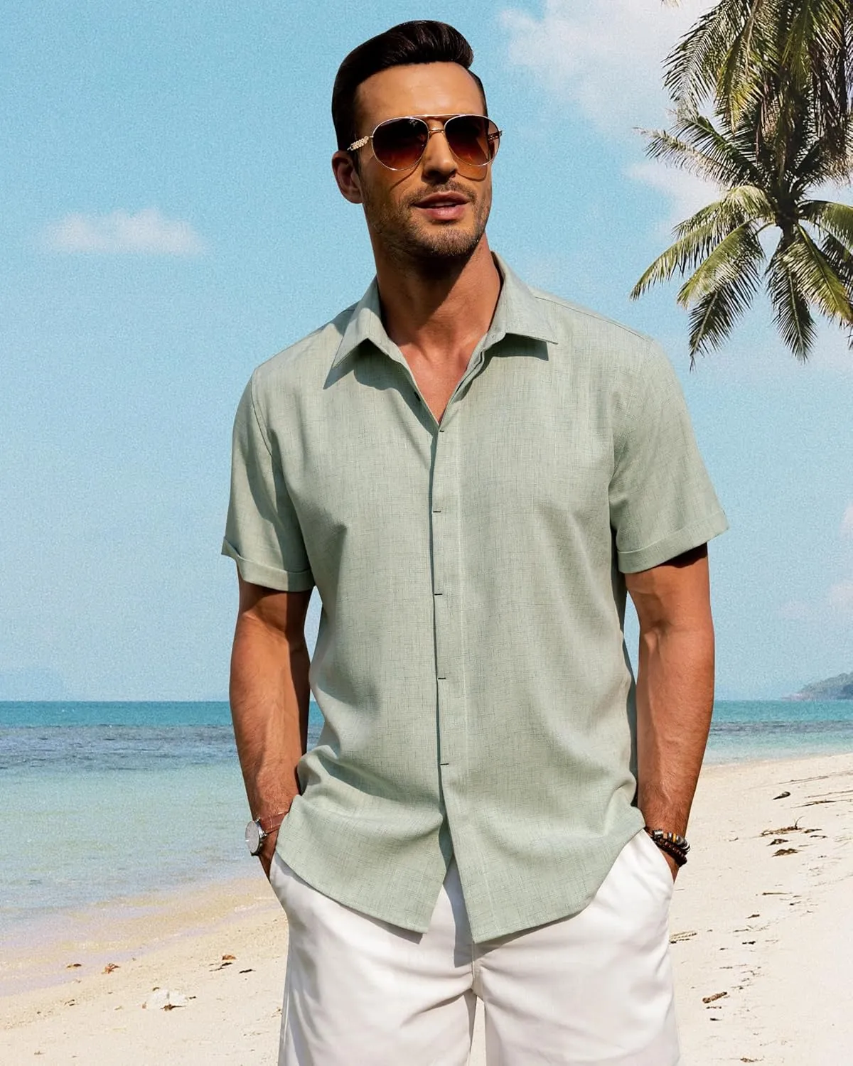 J.VER Men's Linen Shirts Casual Short Sleeve Button Down Shirt Beach Summer Vacation Holiday Wedding Cotton Tops