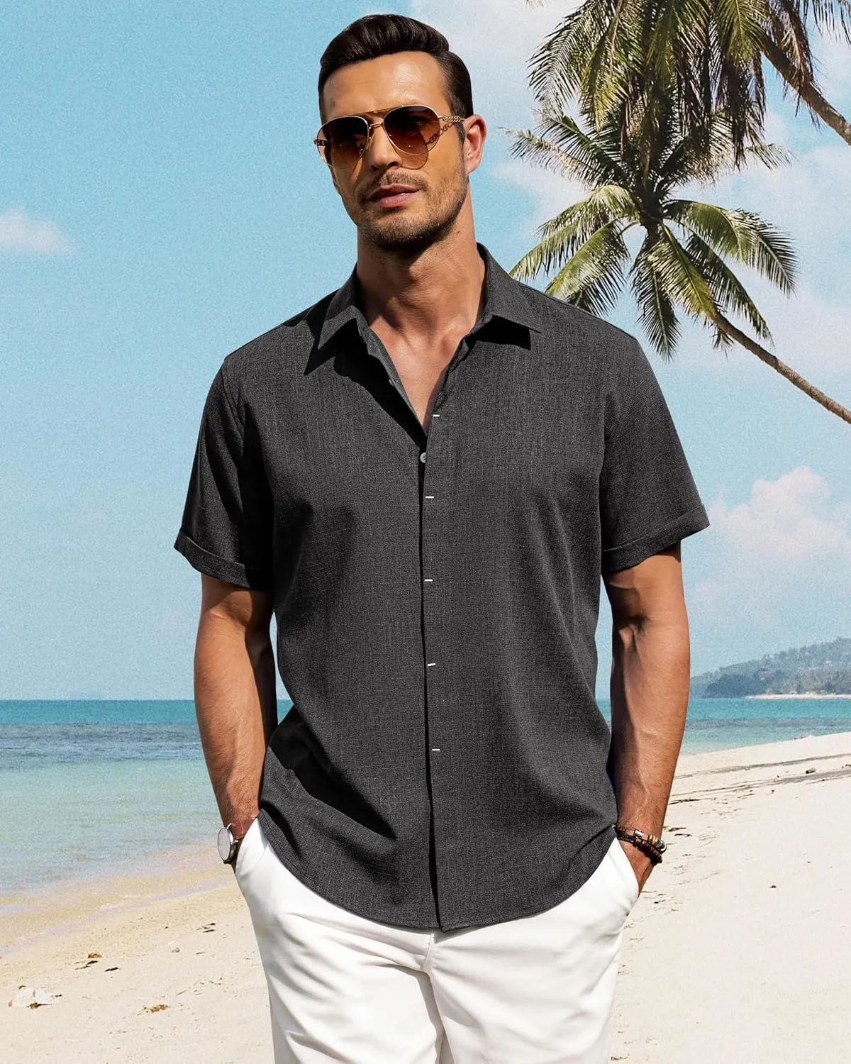 J.VER Men's Linen Shirts Casual Short Sleeve Button Down Shirt Beach Summer Vacation Holiday Wedding Cotton Tops