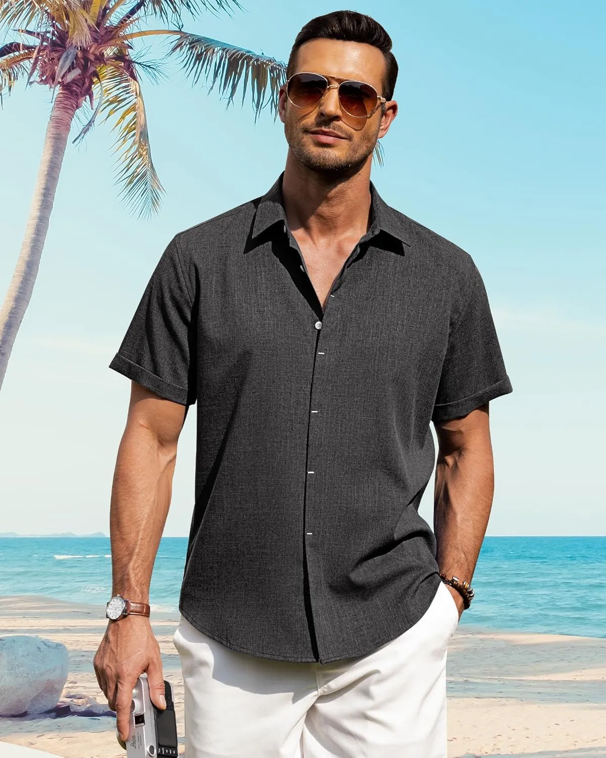 J.VER Men's Linen Shirts Casual Short Sleeve Button Down Shirt Beach Summer Vacation Holiday Wedding Cotton Tops