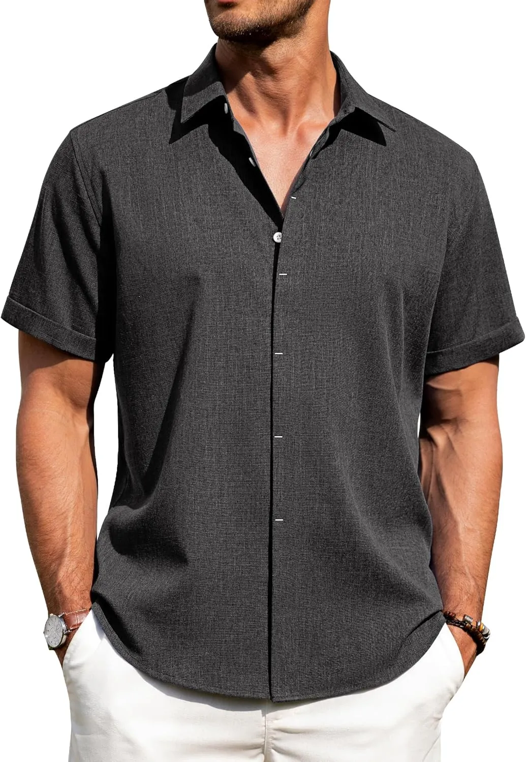 J.VER Men's Linen Shirts Casual Short Sleeve Button Down Shirt Beach Summer Vacation Holiday Wedding Cotton Tops