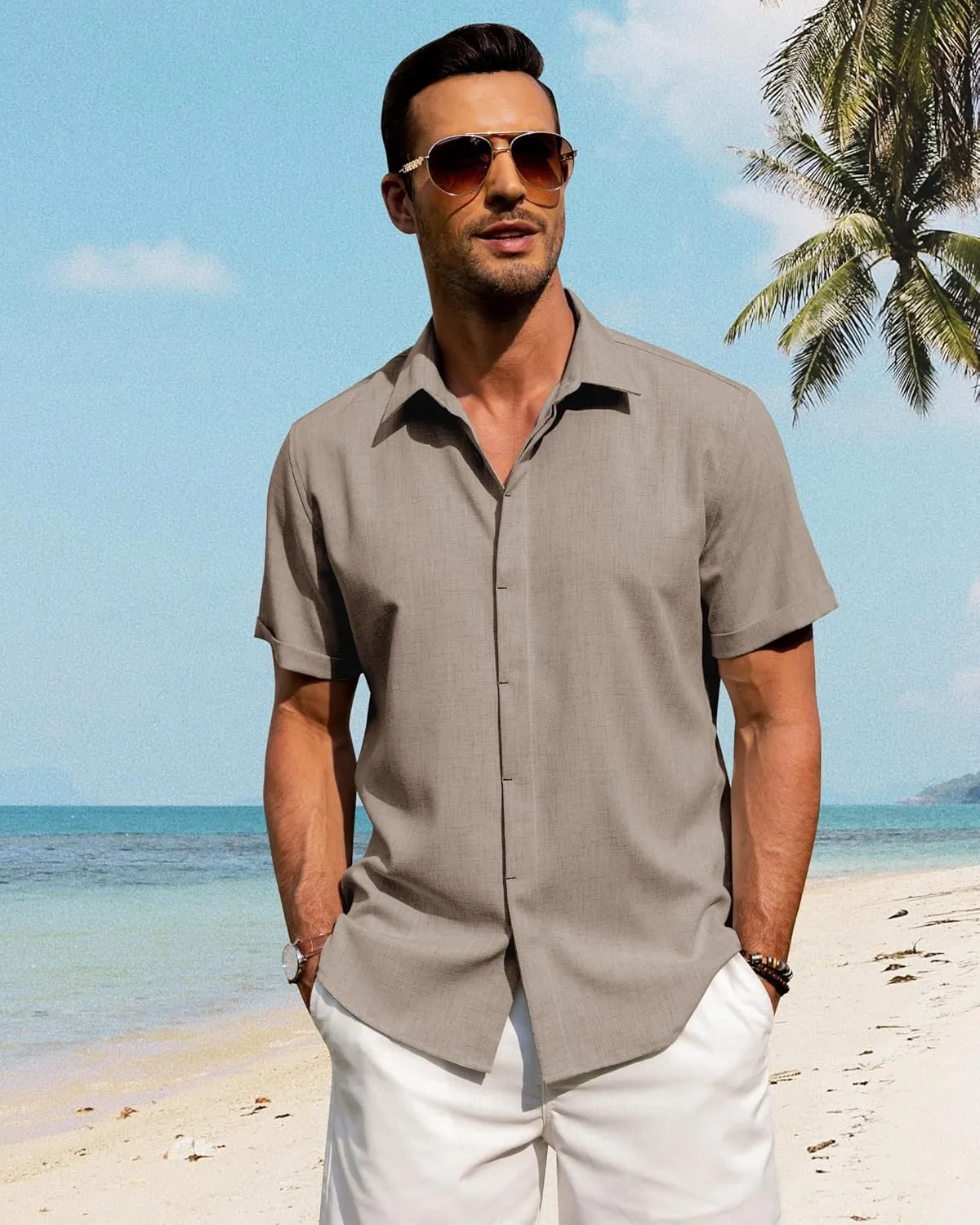 J.VER Men's Linen Shirts Casual Short Sleeve Button Down Shirt Beach Summer Vacation Holiday Wedding Cotton Tops