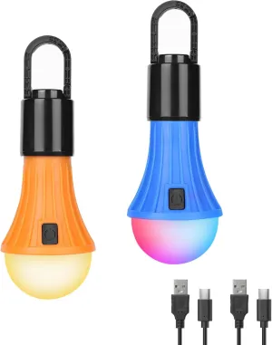Lepro LED Rechargeable Camping Lantern, 7 White and RGB Light Modes, Camping Essentials, Hanging Light Bulbs with Clip Hook for Camping, Christmas, Decorations, Emergency, USB Cable Included, 2 Packs