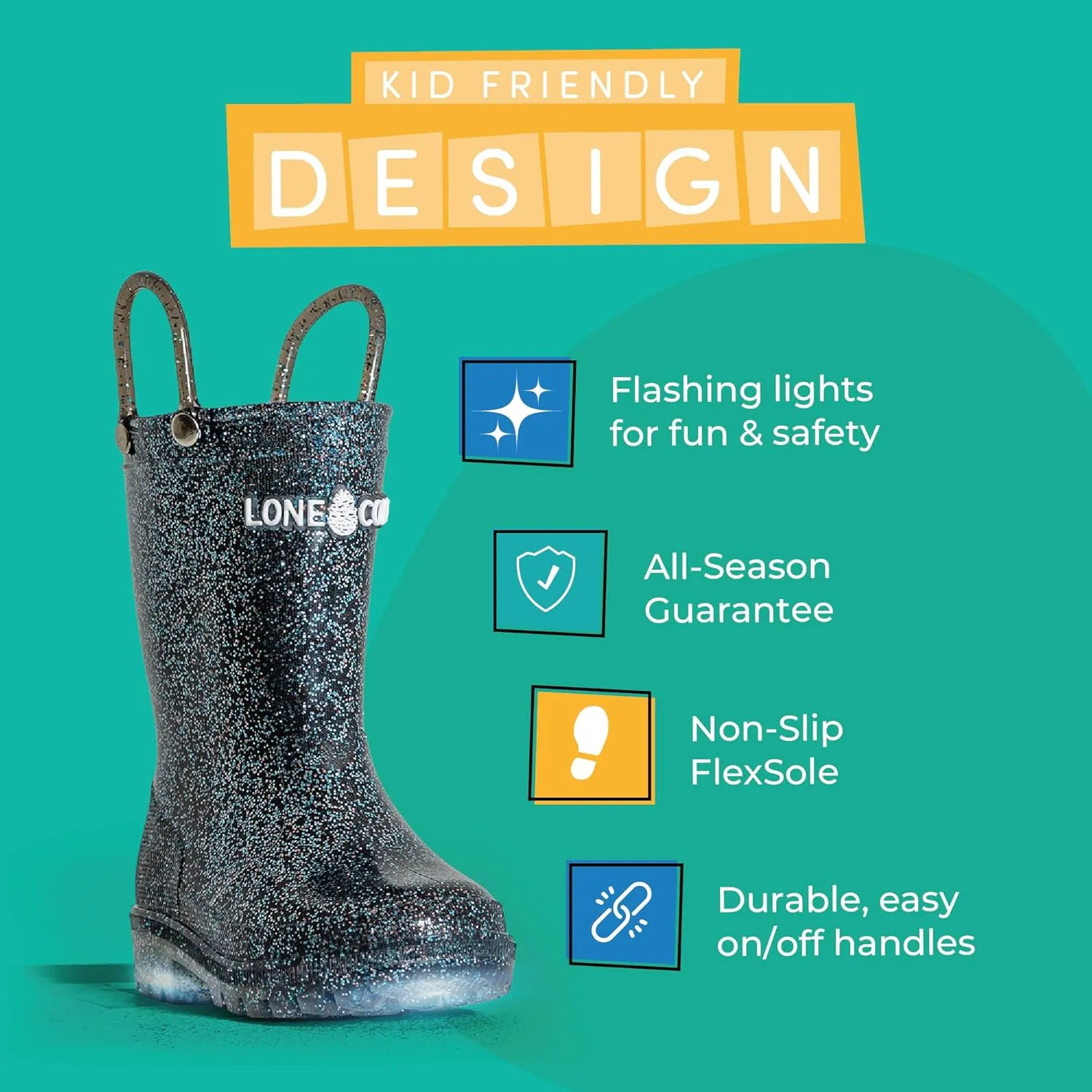 Lone Cone Kids Rain Boots for Girls & Boys  Waterproof Natural Rubber Toddler Rain Boots with Non-Slip Outsole & Easy Pull Handles  Solid, Pattern & Glitter Designs