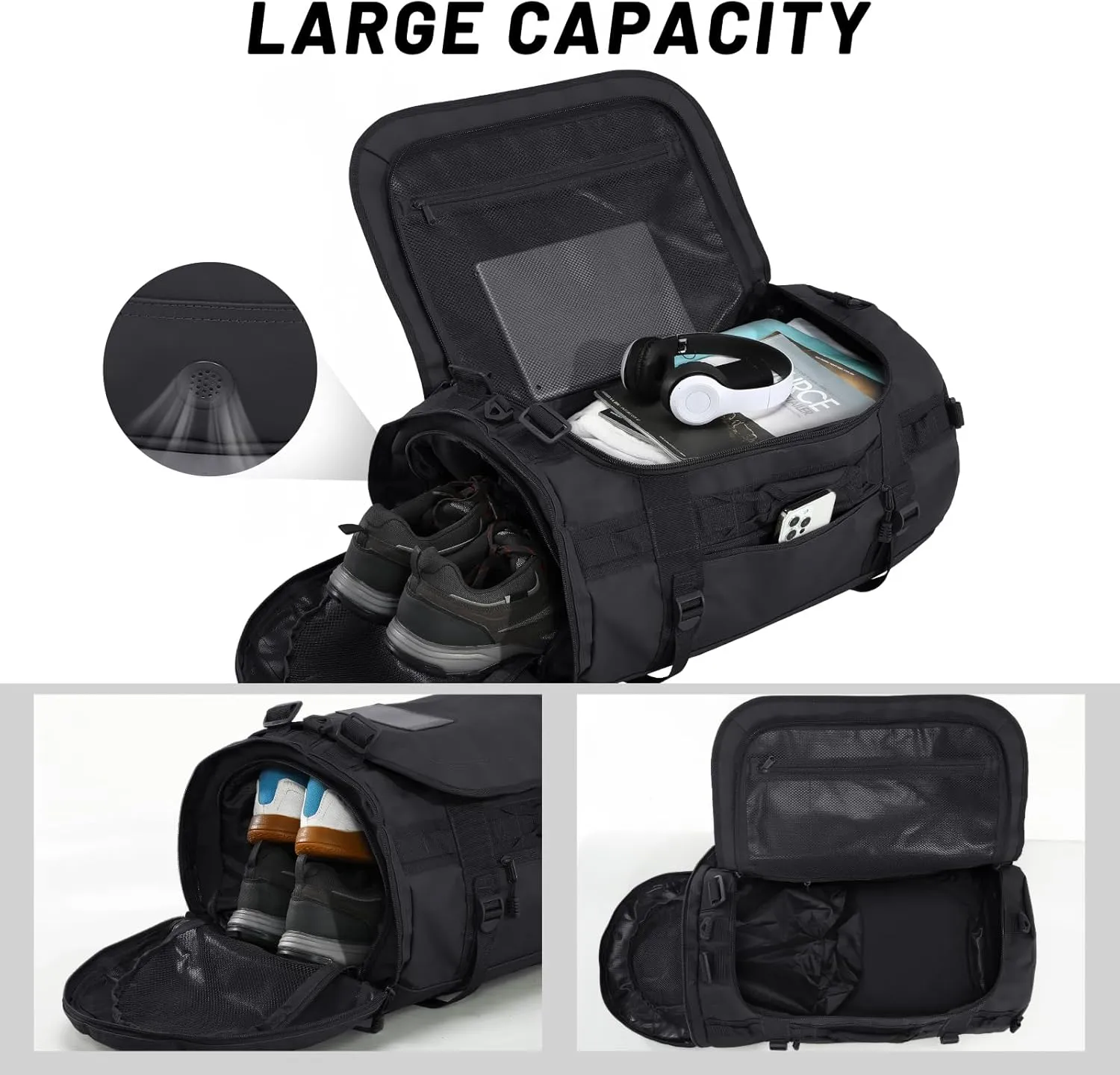 MIER Large Duffel Backpack Sports Gym Bag with Shoe Compartment, Heavy Duty and Water Resistant, Black, 60L