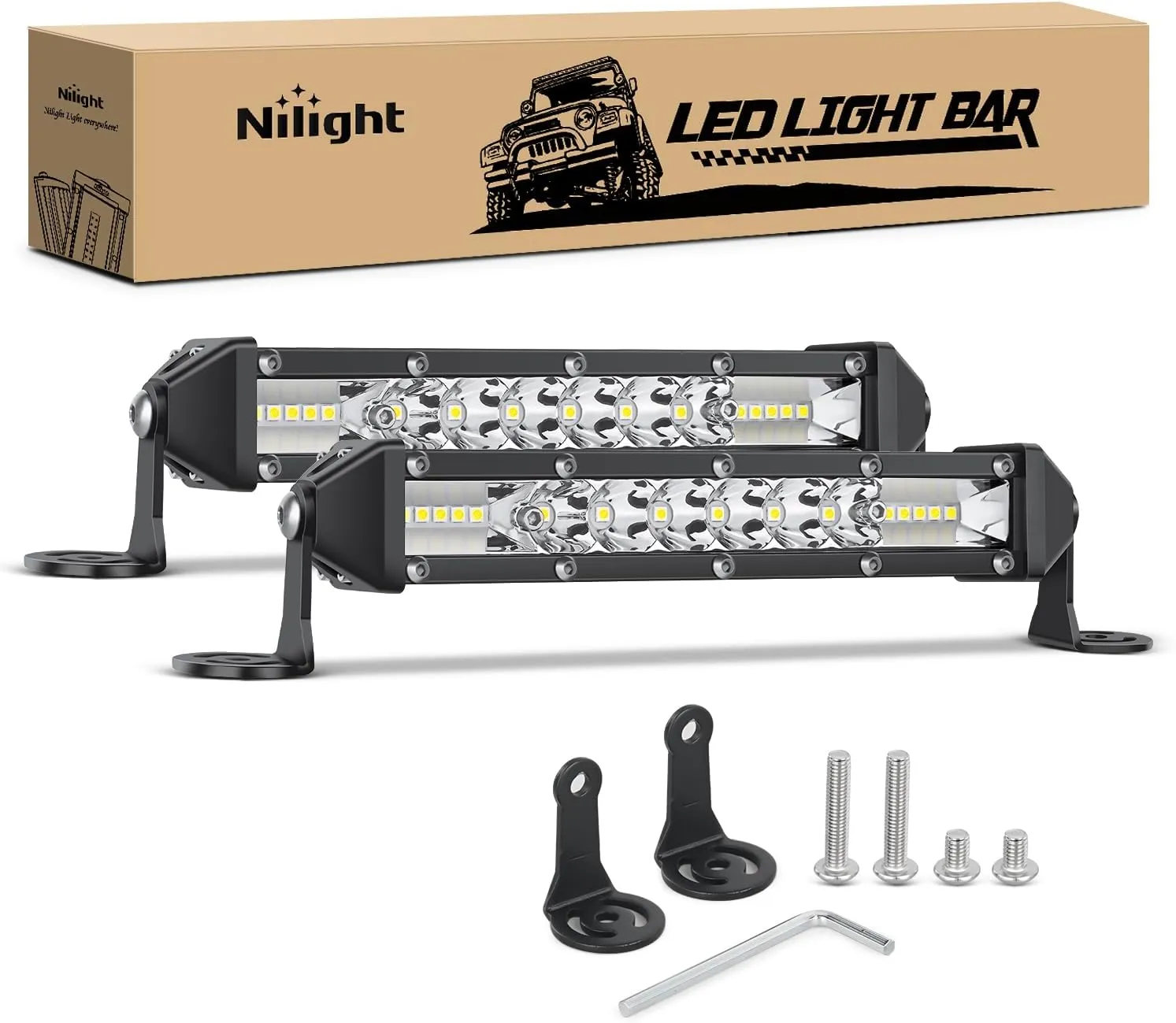 Nilight Slim LED Light Bar 2Pcs 7 Inch 16LED Single Row Spot Flood Combo Fog Driving Work Lighting Roof Bumper Lamp Offroad for 4x4 Trucks SUV ATV UTV