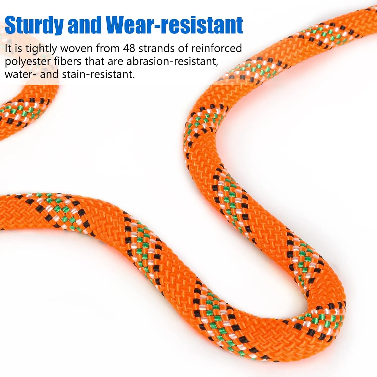 NTR Orange/Black/Blue/Green Climbing Rope 10M(32ft) 20M(64ft) 30M(96ft) 50M(160ft), 8MM Static Rock Climbing Rope with 2 Steel Hooks, Rappelling Rope for Outdoor, Hiking Safety Escape Rope