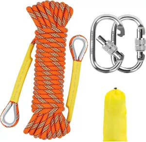 NTR Orange/Black/Blue/Green Climbing Rope 10M(32ft) 20M(64ft) 30M(96ft) 50M(160ft), 8MM Static Rock Climbing Rope with 2 Steel Hooks, Rappelling Rope for Outdoor, Hiking Safety Escape Rope