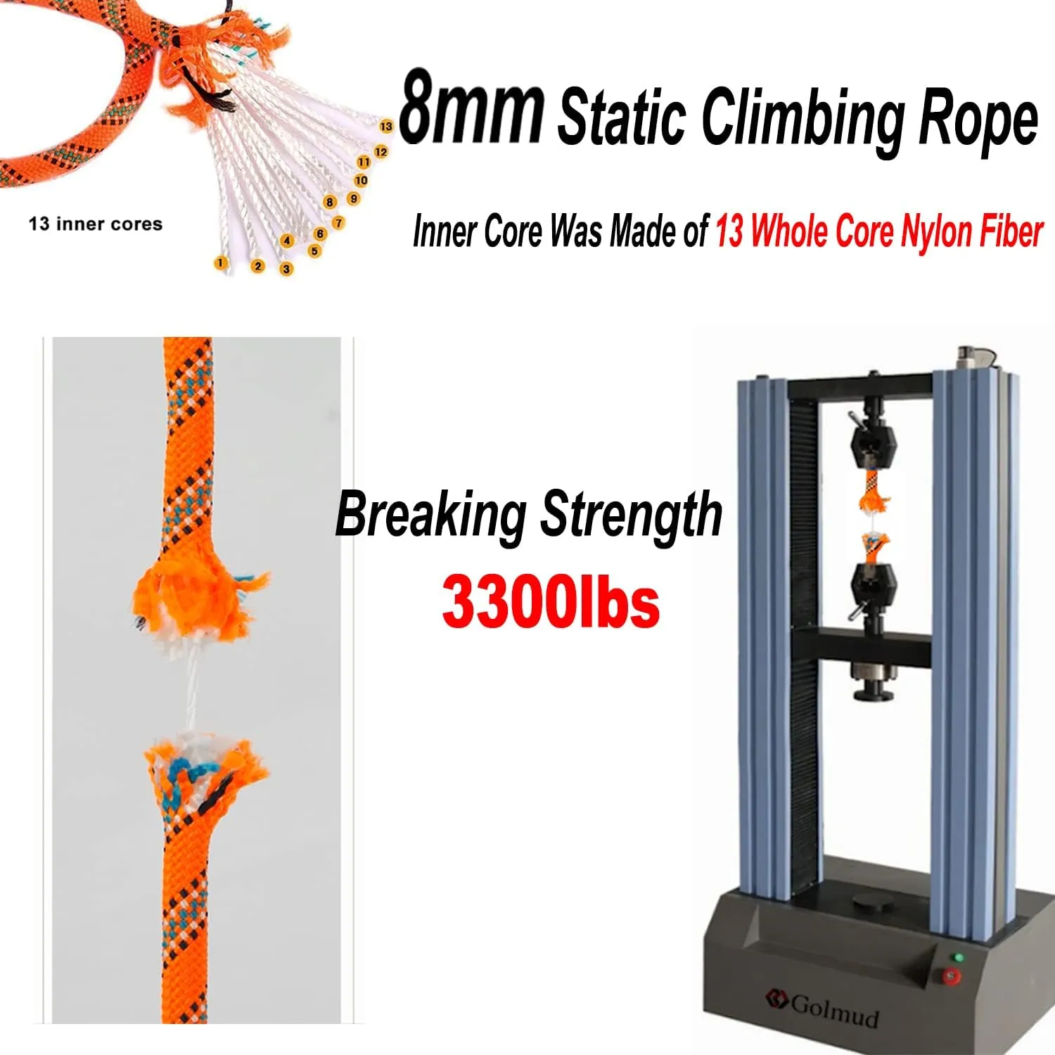NTR Orange/Black/Blue/Green Climbing Rope 10M(32ft) 20M(64ft) 30M(96ft) 50M(160ft), 8MM Static Rock Climbing Rope with 2 Steel Hooks, Rappelling Rope for Outdoor, Hiking Safety Escape Rope