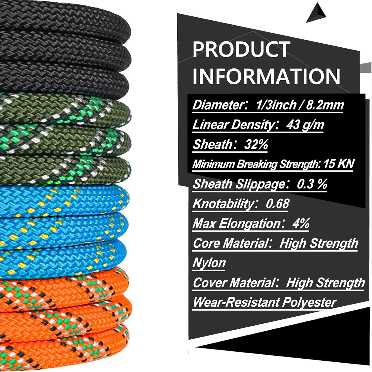 NTR Orange/Black/Blue/Green Climbing Rope 10M(32ft) 20M(64ft) 30M(96ft) 50M(160ft), 8MM Static Rock Climbing Rope with 2 Steel Hooks, Rappelling Rope for Outdoor, Hiking Safety Escape Rope
