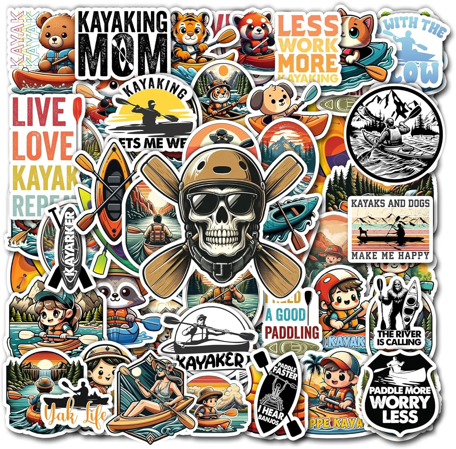 Pack 50 PCS Canoe Kayaking Sticker Print Outdoors Theme Kayak Waterproof Vinyl Decals Paddle River Items for Teens Adults Decoration Water Bottles Phone Case Bumper Helmet