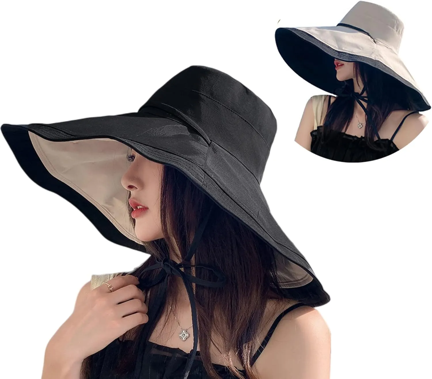 Packable Large Brim Sun Hat for Women - 6.7" Wide-Brim UV-Protection Women's-Sun-Beach-Hats with Strap